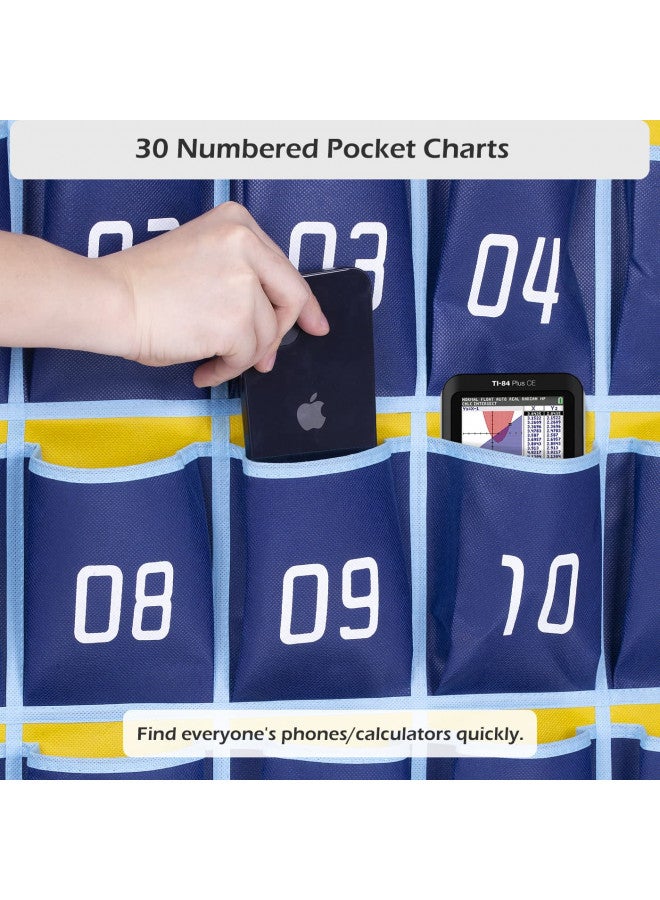 MISSLO حامل آلة حاسبة للهاتف المحمول من ميسلو للفصول الدراسية مع 30 جيب مرقم - مخطط للتعليق على الحائط أو الباب (أزرق) - Image 4