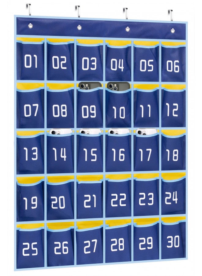 MISSLO حامل آلة حاسبة للهاتف المحمول من ميسلو للفصول الدراسية مع 30 جيب مرقم - مخطط للتعليق على الحائط أو الباب (أزرق) - Image 1