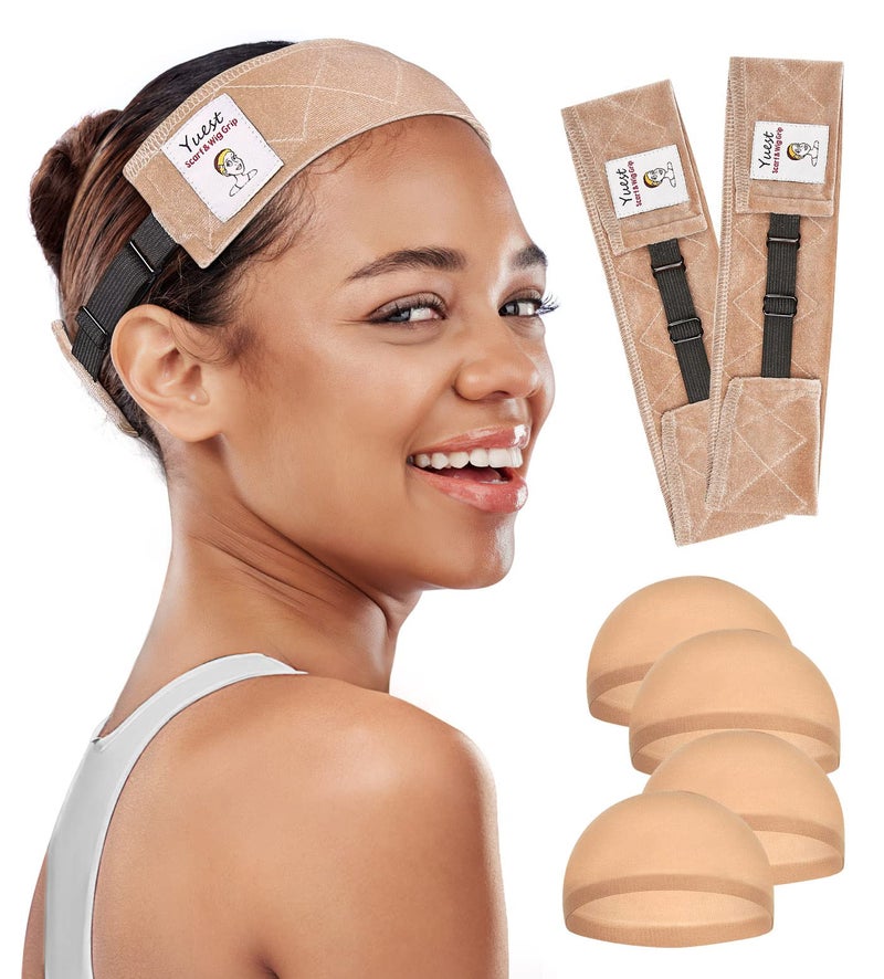 Yuest Grip Band Lace Front Headband for Secure NonSlip Grip and Keeping Wigs in Place Velvet NoSlip Gripper Accessory for Women Beige 2 Pack