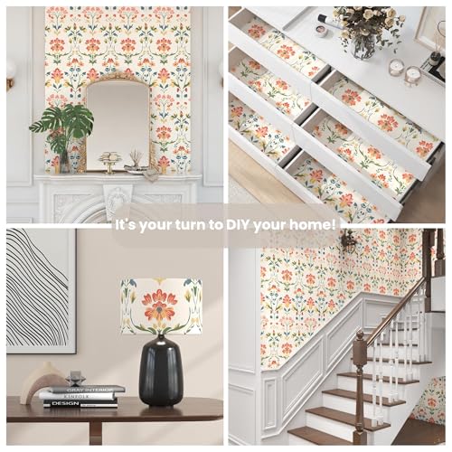 VOLEAAR Extra Long Vintage Floral Wallpaper Beige, 17.5In x 393In Self-Adhesive Removable Boho Contact Paper for Nursery, Bedroom, Bathroom, Cubicle, Modern Waterproof Wall Decor for Office Spaces - Image 2