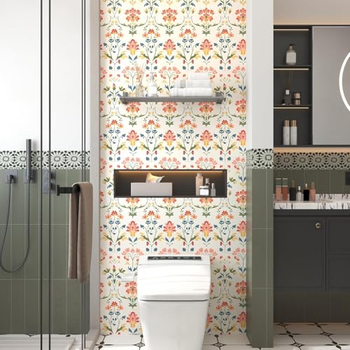 VOLEAAR Extra Long Vintage Floral Wallpaper Beige, 17.5In x 393In Self-Adhesive Removable Boho Contact Paper for Nursery, Bedroom, Bathroom, Cubicle, Modern Waterproof Wall Decor for Office Spaces - Image 5