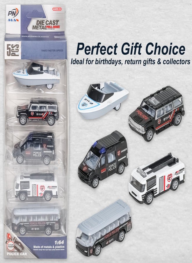 PN AVAN Die Cast Metal Pull Back Toy Vehicles Set, 1:64 Scale, 5 Pieces, Engineering Construction Vehicles Collection (Police Car with Boat) - Image 5