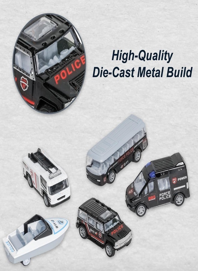 PN AVAN Die Cast Metal Pull Back Toy Vehicles Set, 1:64 Scale, 5 Pieces, Engineering Construction Vehicles Collection (Police Car with Boat) - Image 2
