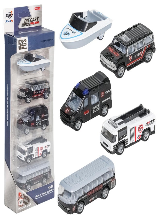 PN AVAN Die Cast Metal Pull Back Toy Vehicles Set, 1:64 Scale, 5 Pieces, Engineering Construction Vehicles Collection (Police Car with Boat) - Image 1