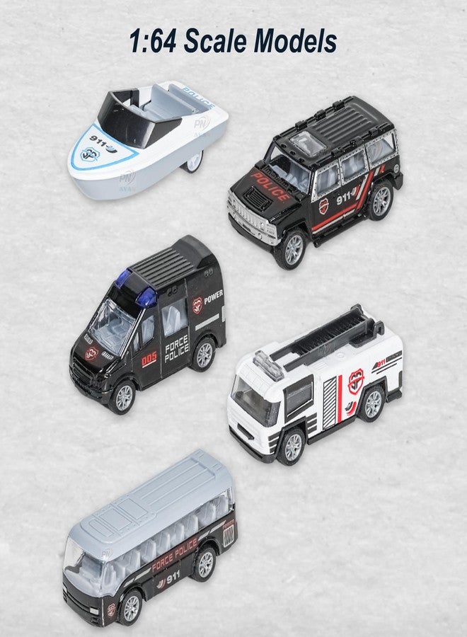 PN AVAN Die Cast Metal Pull Back Toy Vehicles Set, 1:64 Scale, 5 Pieces, Engineering Construction Vehicles Collection (Police Car with Boat) - Image 4
