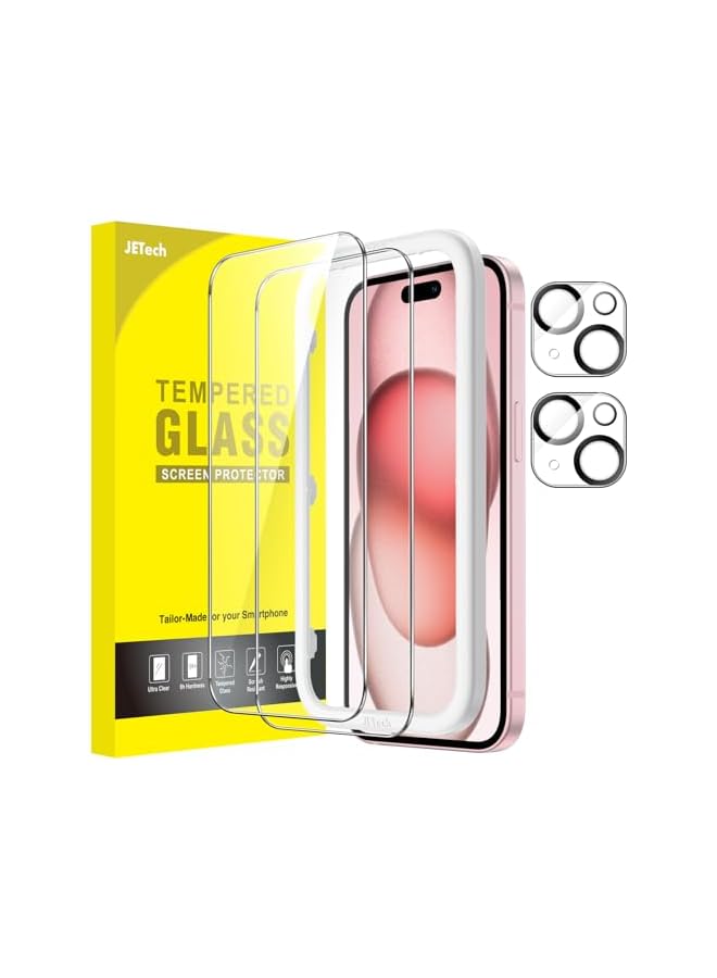 جي تيك واقي شاشة JETech لهاتف iPhone 15 مقاس 6.1 بوصة مع واقي عدسة الكاميرا، أداة سهلة التركيب، طبقة من الزجاج المقسى، شفاف عالي الدقة، عبوتان لكل منهما - Image 1