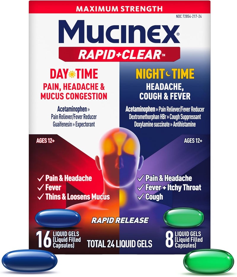 MUCINEX Rapid Clear Maximum Strength Day Night Cold and Flu Medicine for Adults OverTheCounter Medication for Headache Relief Mucus Congestion Cough Rapid Release Liquid Gels 24 Count - Image 1