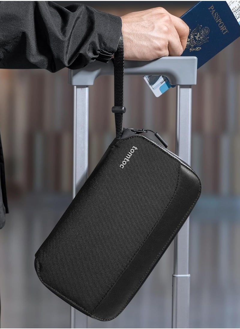 Navigator-T03 Passport Holder Family with RFID Blocking, Passport Wallet Women Men, with Airtag & Sim Card Holder and Eject Pin, Travel Document Organizer with Wrist Strap, Up to 4 Passports, Water-resistant