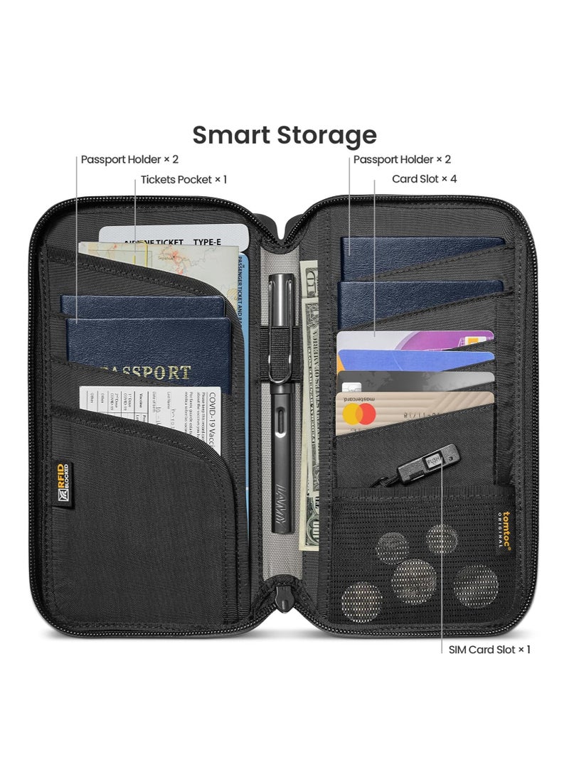 Navigator-T03 Passport Holder Family with RFID Blocking, Passport Wallet Women Men, with Airtag & Sim Card Holder and Eject Pin, Travel Document Organizer with Wrist Strap, Up to 4 Passports, Water-resistant