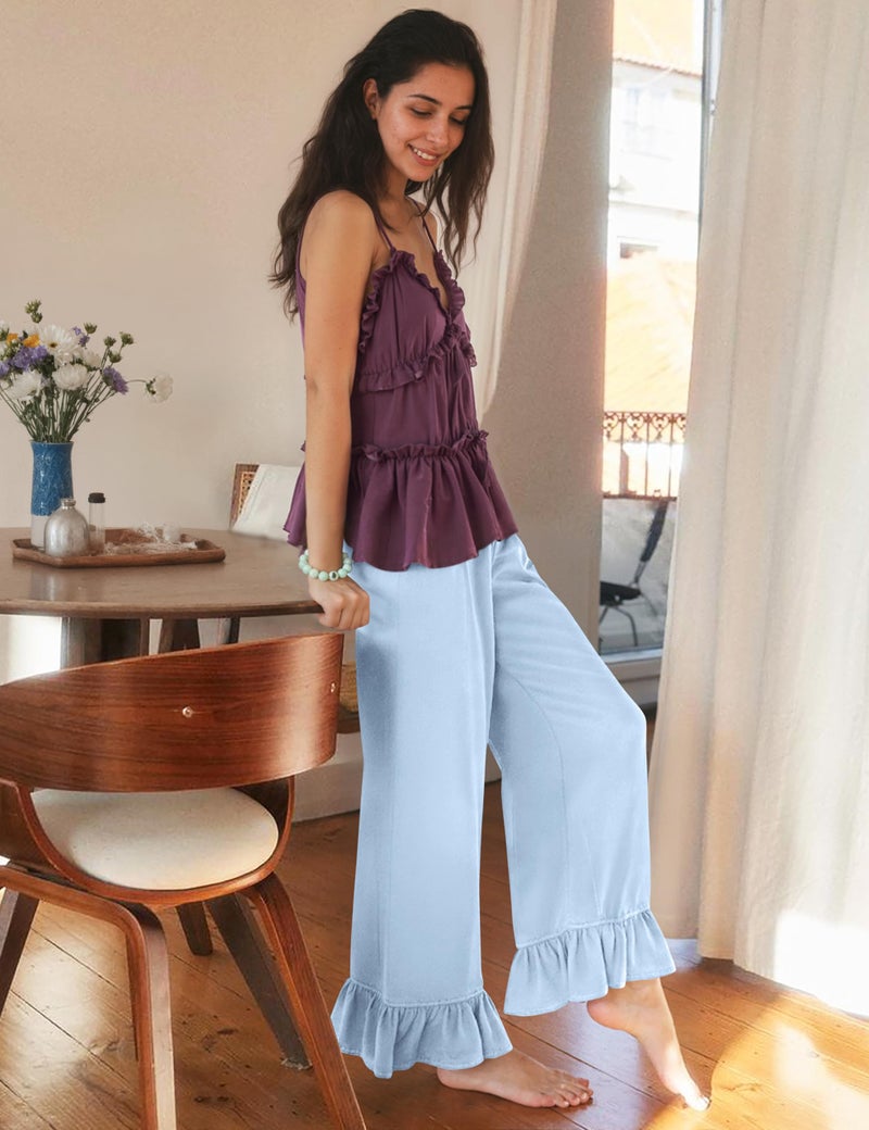 TARSE Womenâ€™s Wide Leg Linen Pants with Drawstring Waist and Ruffle Hem Casual Loose Fit Trousers for Daily Wear(AquaBlue,L) - Image 4