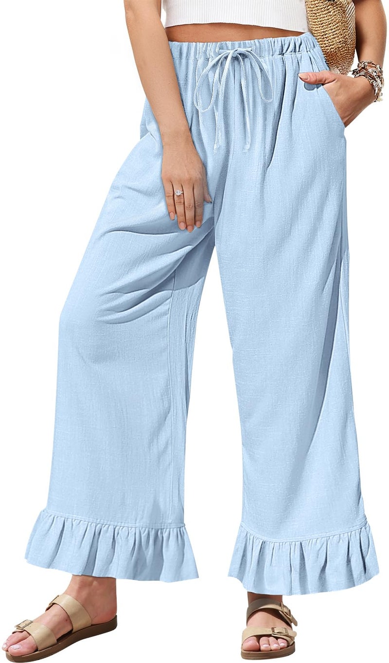TARSE Womenâ€™s Wide Leg Linen Pants with Drawstring Waist and Ruffle Hem Casual Loose Fit Trousers for Daily Wear(AquaBlue,L) - Image 1