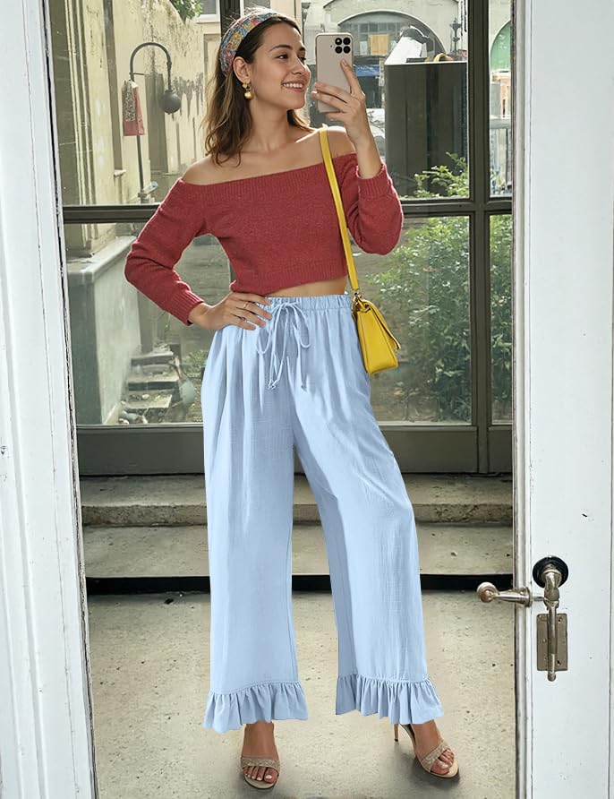 TARSE Womenâ€™s Wide Leg Linen Pants with Drawstring Waist and Ruffle Hem Casual Loose Fit Trousers for Daily Wear(AquaBlue,L) - Image 5