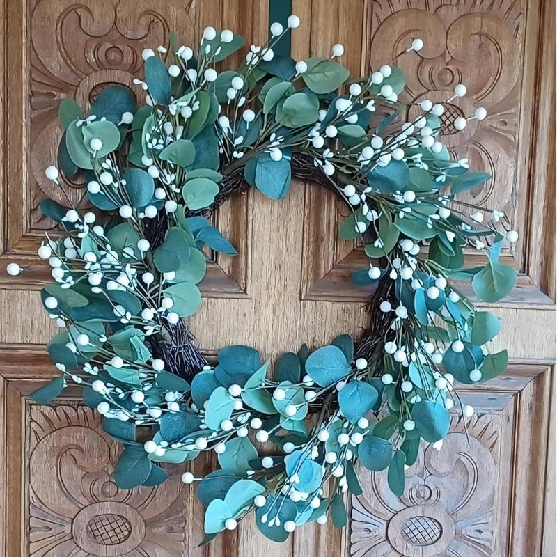 MAINGKAUNG Green Eucalyptus Wreath 22inch Greenery Wreaths for Front Door Artificial Winter Wreath with Green Eucalyptus Leaves White Berries for Winter Christmas Window Wall Indoor Holiday Decoration - Image 2
