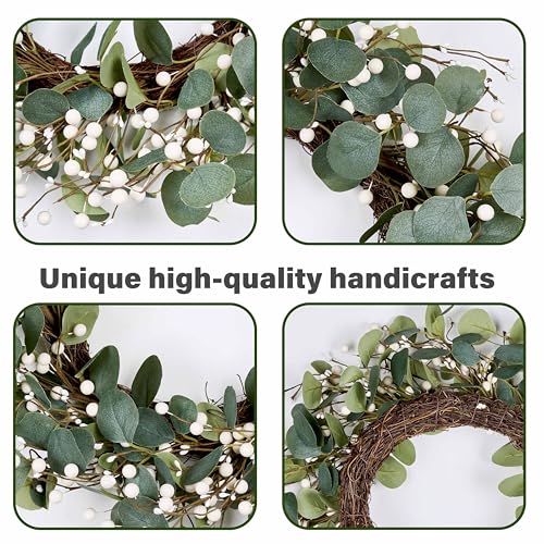 MAINGKAUNG Green Eucalyptus Wreath 22inch Greenery Wreaths for Front Door Artificial Winter Wreath with Green Eucalyptus Leaves White Berries for Winter Christmas Window Wall Indoor Holiday Decoration - Image 5