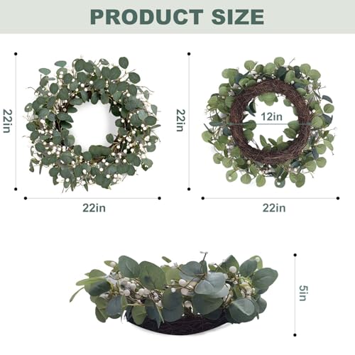 MAINGKAUNG Green Eucalyptus Wreath 22inch Greenery Wreaths for Front Door Artificial Winter Wreath with Green Eucalyptus Leaves White Berries for Winter Christmas Window Wall Indoor Holiday Decoration - Image 4