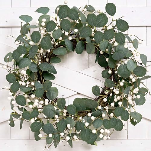 MAINGKAUNG Green Eucalyptus Wreath 22inch Greenery Wreaths for Front Door Artificial Winter Wreath with Green Eucalyptus Leaves White Berries for Winter Christmas Window Wall Indoor Holiday Decoration - Image 1