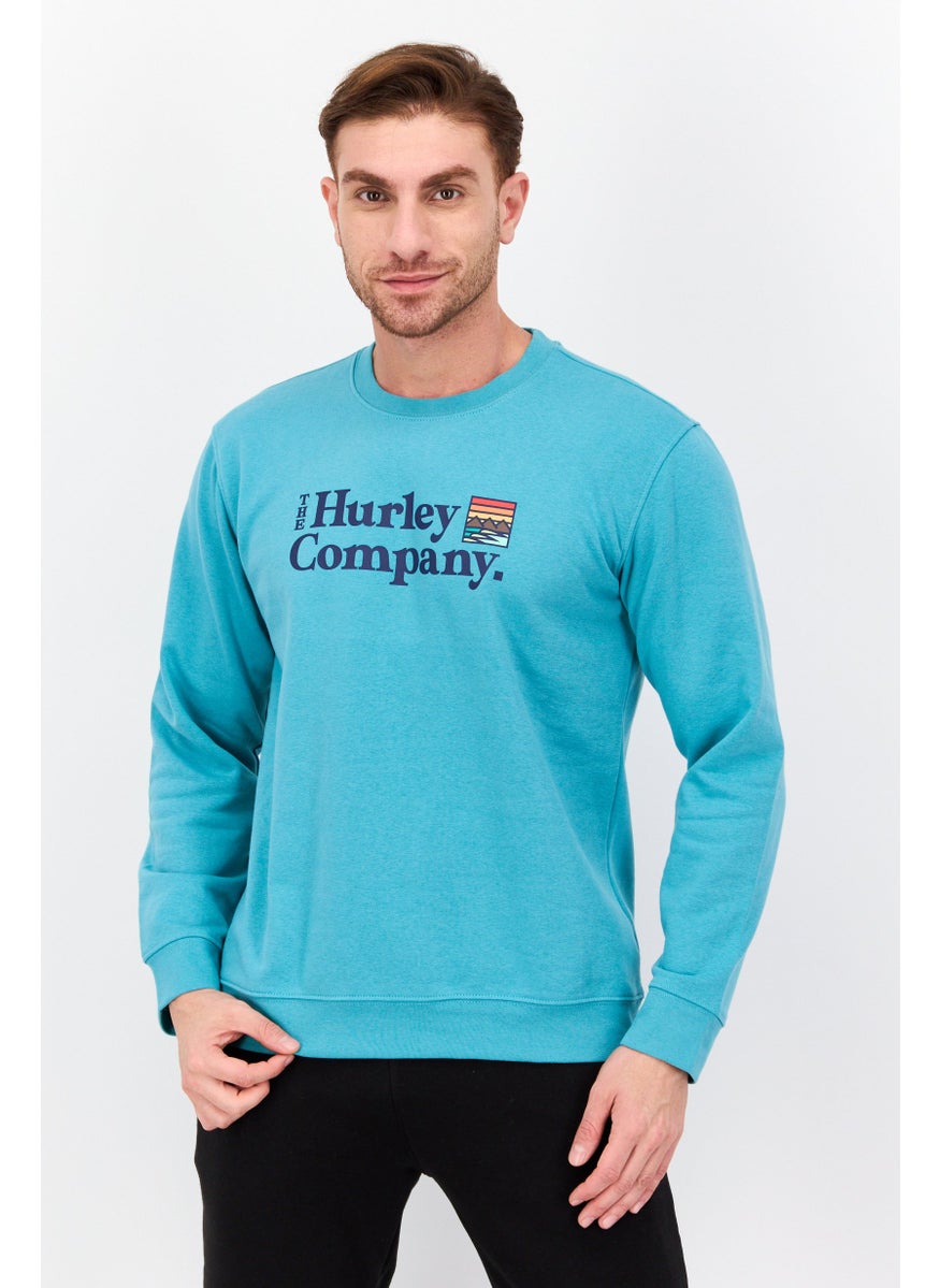 Hurley Men Crew Neck Long Sleeve Graphic Print Sweatshirt, Aqua Green  - Image 1