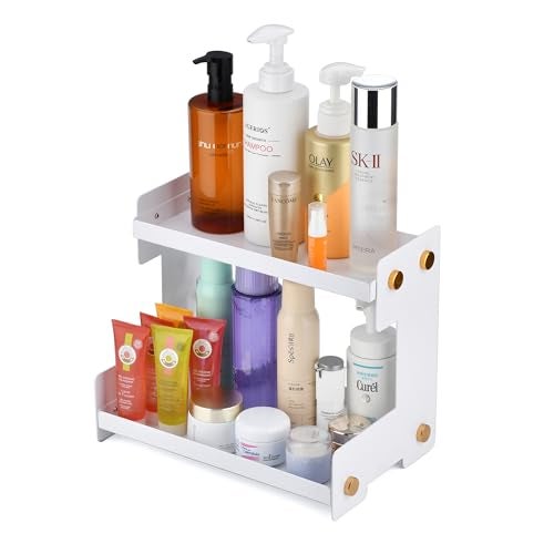 FFK 2 Tier Bathroom Countertop Organizer SUS 304 Stainless Steel Storage Shelf for Cosmetic Organizer Ideal for Cabinet Countertop Pantry and Desktop Office White