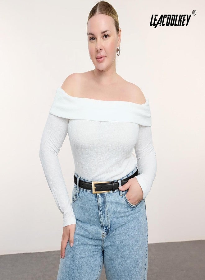 LEACOOLKEY Women Leather Belt for Jeans Dress Casual Gold Buckle Ladies Waist Belt Width 0.95" - Image 2