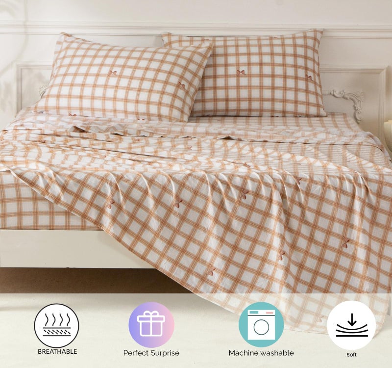 SDY 7PCS Brown Gingham Bow Bedding Set Queenï¼ŒSoft Washed Microfiber Plaid Comforter Set and Checkered Sheets for Kids, Toddler, Girls, Boysï¼ŒCozy Brown Gingham Comforter - Image 5