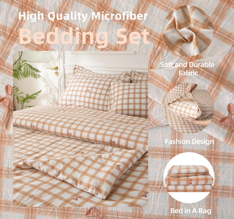 SDY 7PCS Brown Gingham Bow Bedding Set Queenï¼ŒSoft Washed Microfiber Plaid Comforter Set and Checkered Sheets for Kids, Toddler, Girls, Boysï¼ŒCozy Brown Gingham Comforter - Image 4