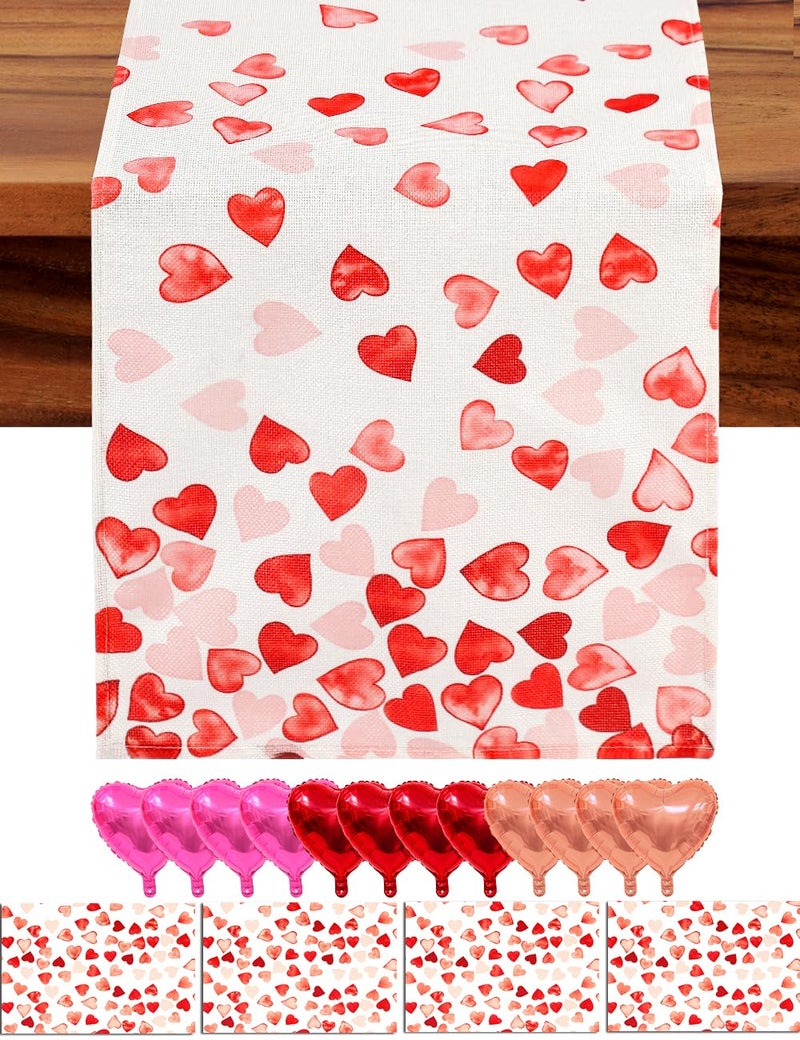 Multiwins Pink Red Love Valentine's Day Table Runner 13"x72" & 4 Pcs 12"x18" Placemats Sets with 12 Heart Balloons, Love Letter Balloons, Stickers & Blowing Straw for Home Party Decor - Image 1