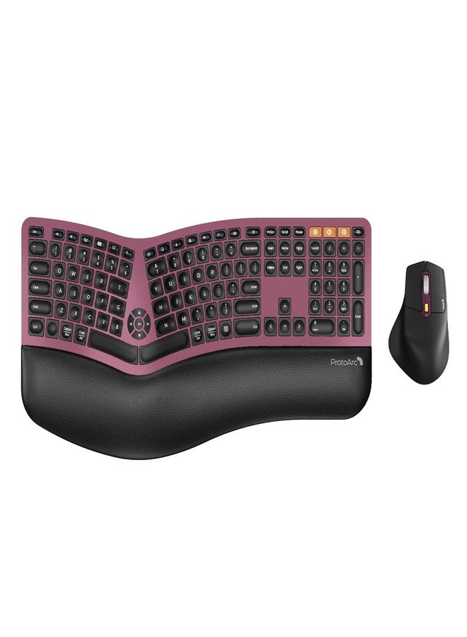 ProtoArc Ergonomic Wireless Keyboard Mouse, EKM01 Plus Full Size Ergo Bluetooth Keyboard Mouse Combo, Split Design, Wrist Rest, Multi-Device, Rechargeable, for Windows/Mac OS - Wine Red - Image 1