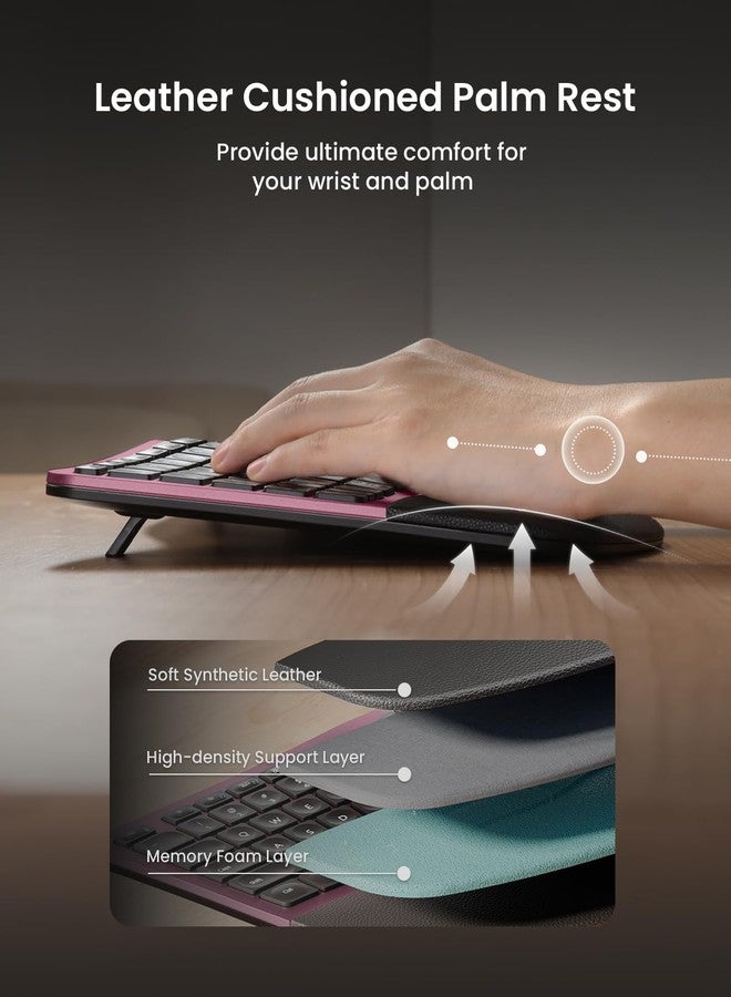 ProtoArc Ergonomic Wireless Keyboard Mouse, EKM01 Plus Full Size Ergo Bluetooth Keyboard Mouse Combo, Split Design, Wrist Rest, Multi-Device, Rechargeable, for Windows/Mac OS - Wine Red - Image 3