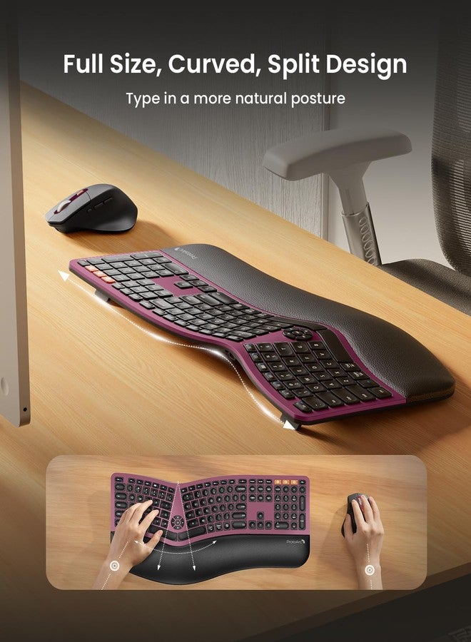 ProtoArc Ergonomic Wireless Keyboard Mouse, EKM01 Plus Full Size Ergo Bluetooth Keyboard Mouse Combo, Split Design, Wrist Rest, Multi-Device, Rechargeable, for Windows/Mac OS - Wine Red - Image 2