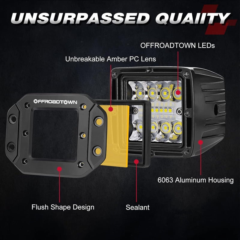 OFFROADTOWN Amber Flush Mount LED Pods, 2pcs 5'' 78W LED Driving Work Lights Spot Flood Combo Fog Light Yellow Lights for Truck Offroad UTV ATV SUV 4x4 Car - Image 3