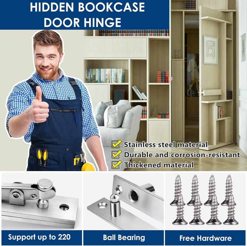 HBL 2 Pack | Heavy Duty Pivot Hinge for Wood Door - ' Stainless Steel Hidden Door Hinge for Secret Door, with 360 Degree Rotation, Invisible Pivot Door Hardware for Bookshelf. - Image 3