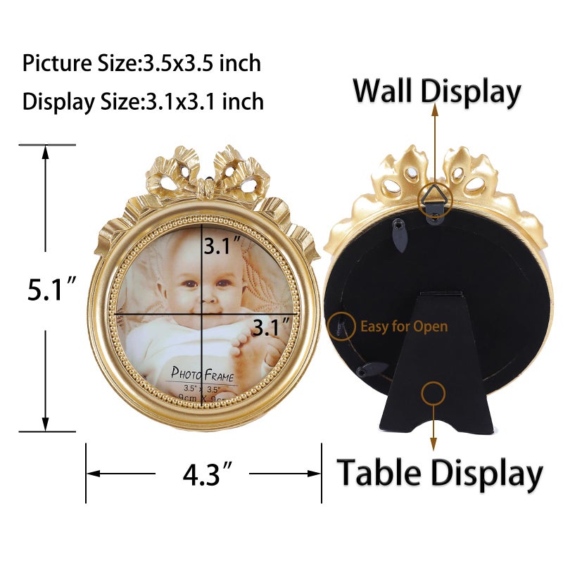 Kangce Picture Frames 3.5x3.5 Vintage Picture Frames Round Picture Frames Small Gold Picture Frames Wallet Size Picture Frames Ornate Picture Frames Antique Wall Decor with Embossed Beaded - Image 2