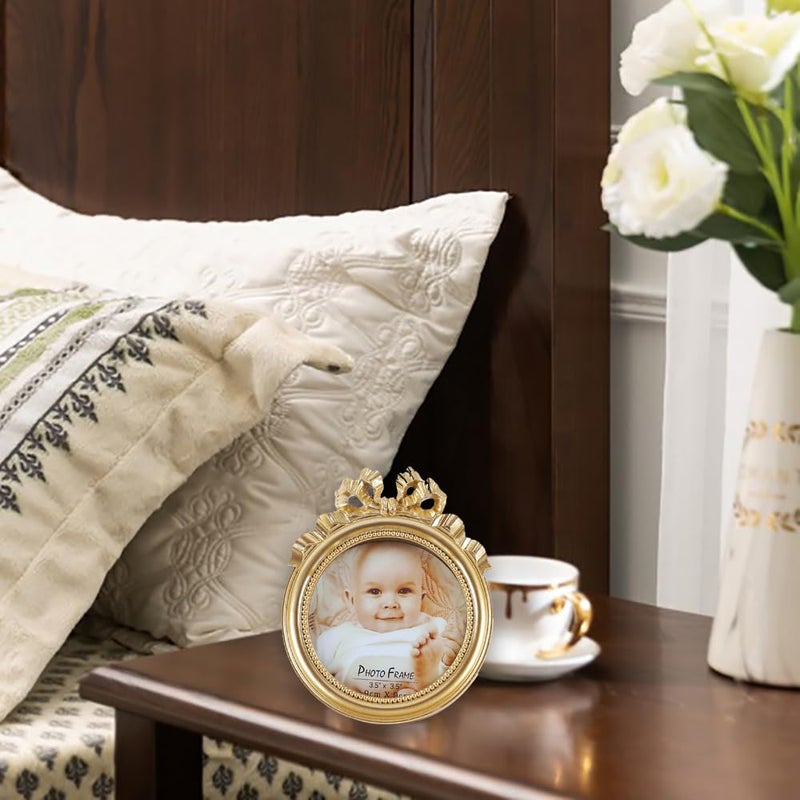 Kangce Picture Frames 3.5x3.5 Vintage Picture Frames Round Picture Frames Small Gold Picture Frames Wallet Size Picture Frames Ornate Picture Frames Antique Wall Decor with Embossed Beaded - Image 5