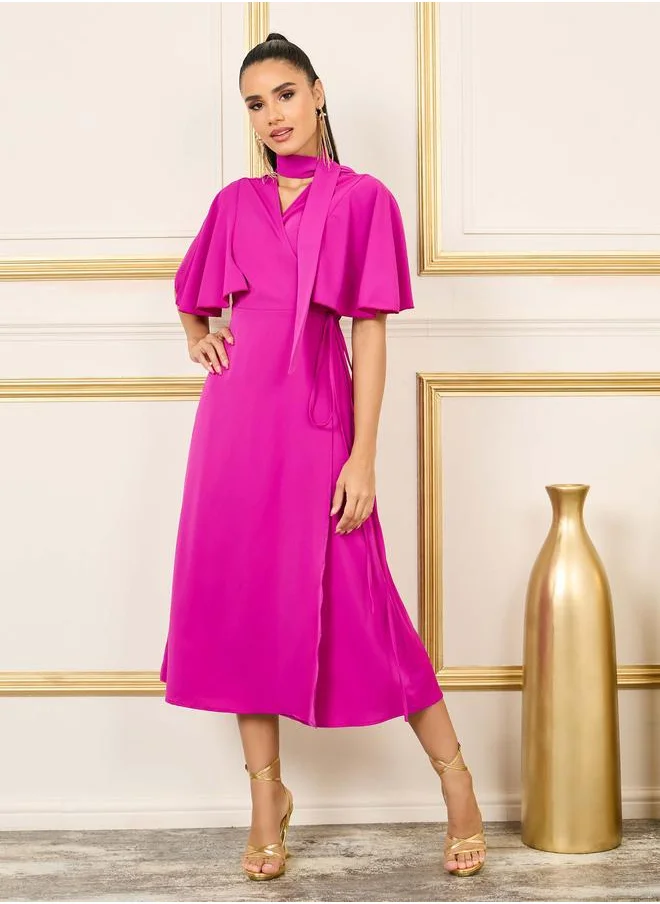ستايلي Styli Solid Angel Sleeves Wrap Midi Dress