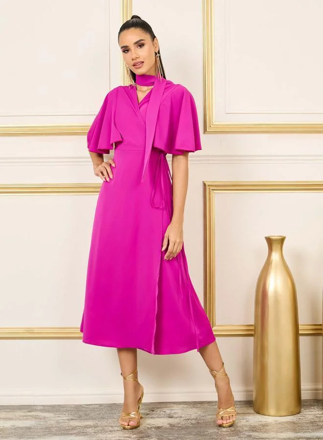 Styli Solid Angel Sleeves Wrap Midi Dress