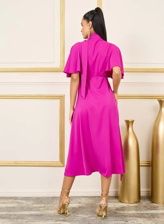 Styli Solid Angel Sleeves Wrap Midi Dress