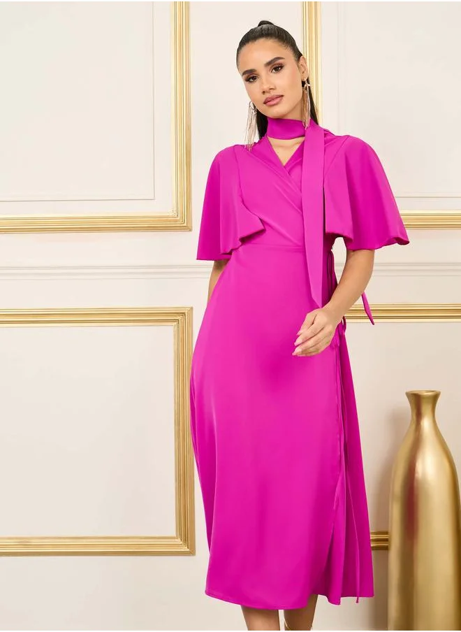 ستايلي Styli Solid Angel Sleeves Wrap Midi Dress