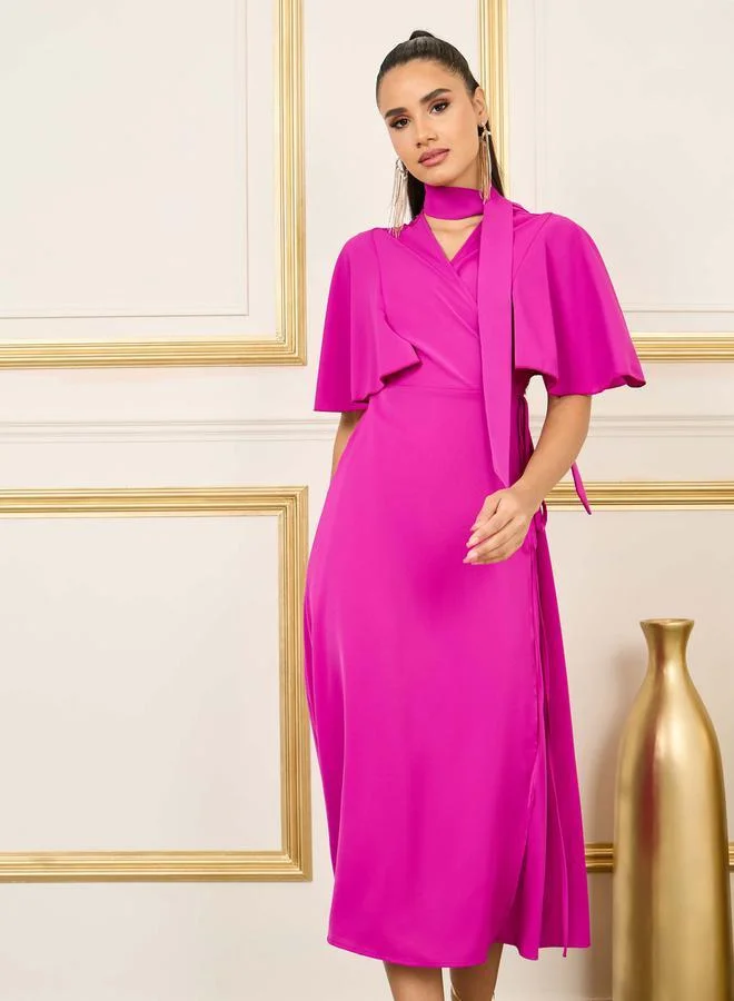 Styli Solid Angel Sleeves Wrap Midi Dress