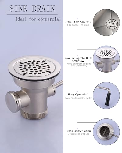 iVIGA Commercial Sink Drain: 3-1/2" Sink Opening Waste Drain Valve - Brass Kitchen Sink Drain With Twist Handle - Commercial Sink Stopper Prevents Sink Clogged Overflow For Restaurant Multi-Basin Sink - Image 3