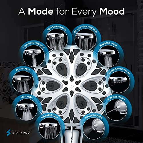 SparkPod 10-Mode Handheld Shower Head with Filter - 5" High Pressure Filtered Shower Head with Touch-to-Clean Nozzles, Built-In Power Jet, Stainless Steel 6ft Hose & Bracket (Polished Chrome) - Image 4