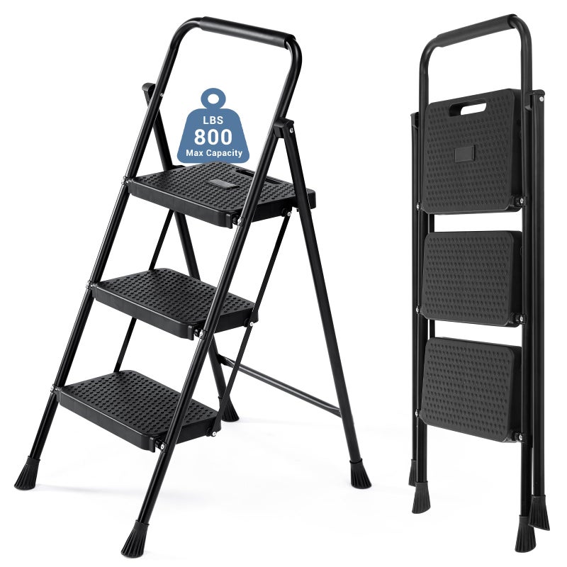 DUMOS Step Ladder, 3 Sturdy Step Stool with Anti-Slip Pedal & Comfortable Handrail, Portable Heavy Duty Step Stool for Kitchen, Garage & Outdoor Use, 800lbs, Black - Image 1