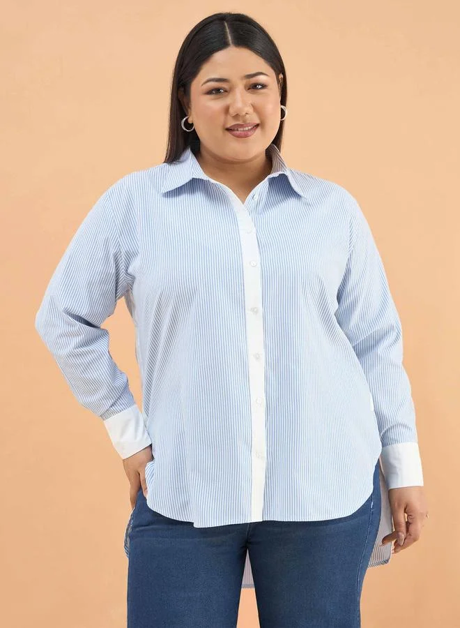 Blue Striped Contrast Trims Long Sleeves Shirt