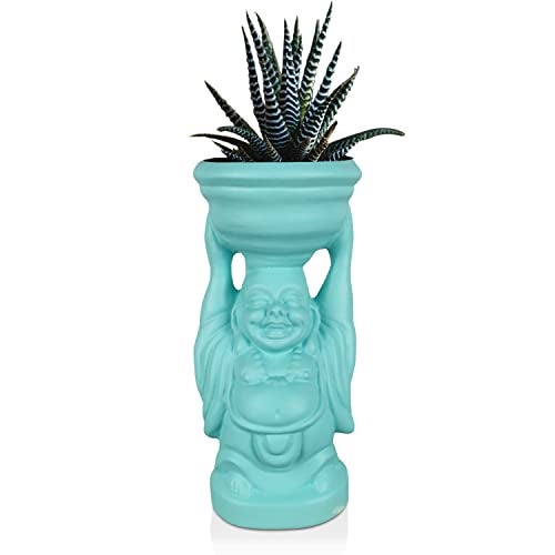 Lasaki Laughing Buddha Aqua Ceramic Pots for Indoor Plants, Planters, Flower, Gamla, Outdoor, Balcony, Home, Garden, Office Decor, Succulent(D-10 X H-23.5 Cm) (Plants Not Included) - Image 1