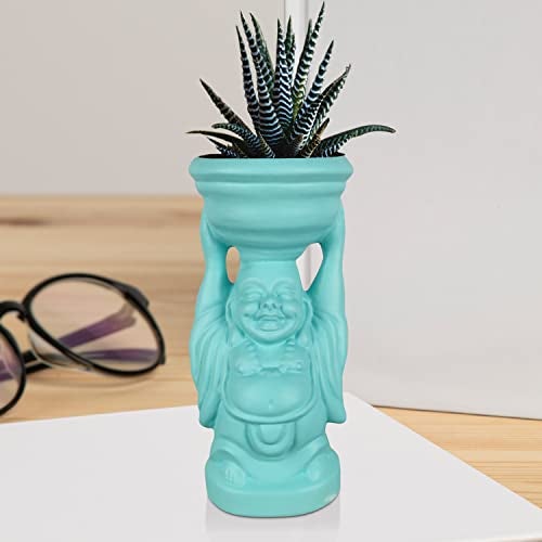 Lasaki Laughing Buddha Aqua Ceramic Pots for Indoor Plants, Planters, Flower, Gamla, Outdoor, Balcony, Home, Garden, Office Decor, Succulent(D-10 X H-23.5 Cm) (Plants Not Included) - Image 3