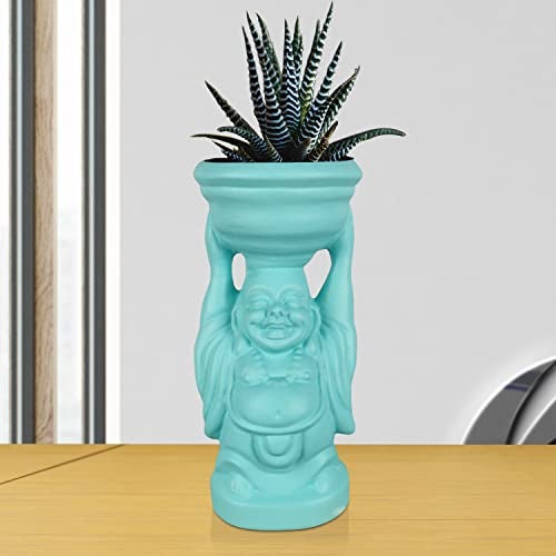 Lasaki Laughing Buddha Aqua Ceramic Pots for Indoor Plants, Planters, Flower, Gamla, Outdoor, Balcony, Home, Garden, Office Decor, Succulent(D-10 X H-23.5 Cm) (Plants Not Included) - Image 4