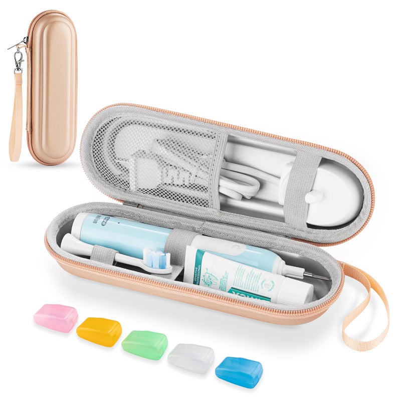 Toothbrush Travel Case for Oral BOralB Pro 1000 1500 5000 7000 Philips Sonicare 4100 1100 5300 5100 6100iO Electric Toothbrush Hard Protective Storage Bag Gold case with toothbrush cap