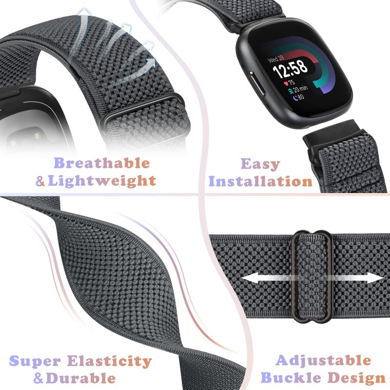 Bcuckood Compatible with Fitbit Versa 4/Versa 3/Sense 2/Sense Band Women Men, 5 Pack Elastic Nylon Soft Adjustable Stretchy Solo Loop Replacement Strap for Women Men - Image 4