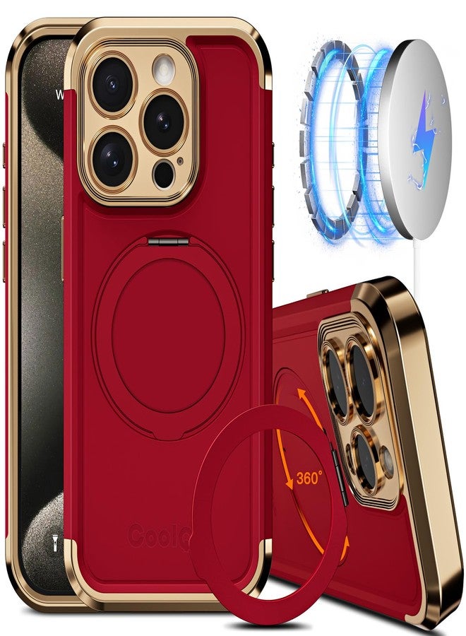 COOLQO for iPhone 15 Pro Max Case 6.7'' Upgraded 360° Spin Magnetic Stand [Compatible with Magsafe][Military Protection] Shockproof Protective Phone Holder Cover for iPhone 15 Pro Max, Red Gold - Image 1
