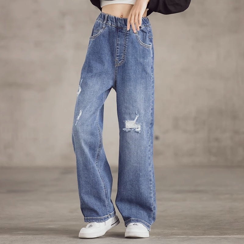 Little Girl Denim Workwear Wide Leg Pants Middle And Large Children'S Loose Pants Girls' Straight Leg Pants - Image 1