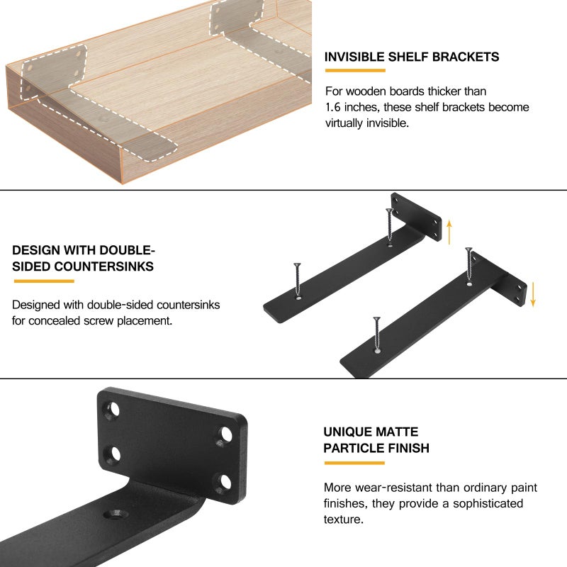 Hitomen Heavy Duty Floating Shelf Brackets  10-Inch (1/5'' Thick) Hidden Shelves Hardware  Cast Iron L Brackets  Rustic Industrial Black Metal Wall Shelving Supports  8 Pack - Image 2